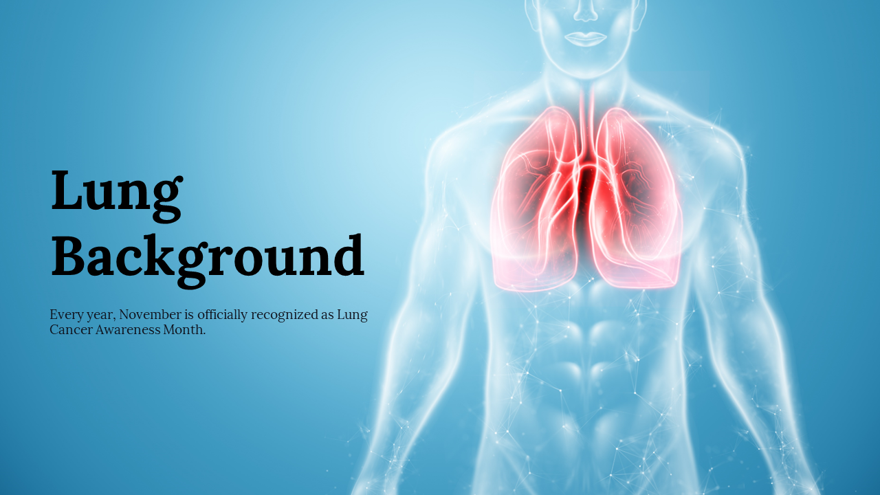 Human torso with glowing lungs highlighted in red on a blue background, alongside text promoting lung cancer awareness.