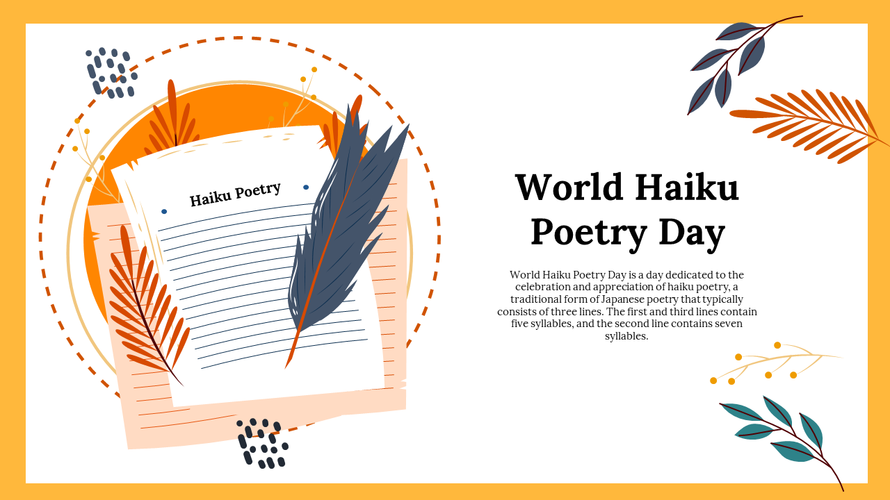 Illustration for world haiku poetry day slide featuring a sheet of paper with a feather pen and autumn themed decor.