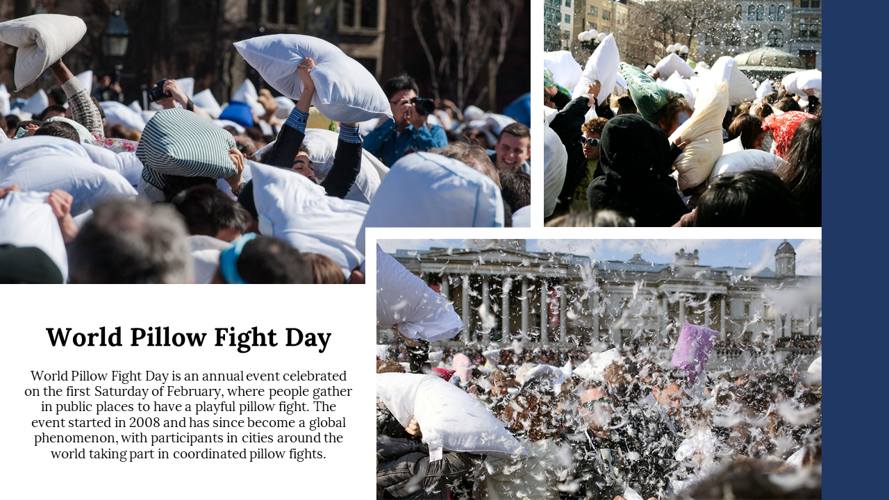 Collage layout featuring pillow fight events with a mix of feathers and participants in outdoor settings and white text area.