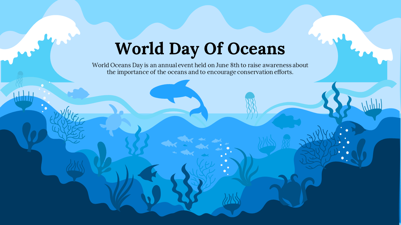 World oceans day slide featuring marine life in a vibrant blue underwater scene with text description.