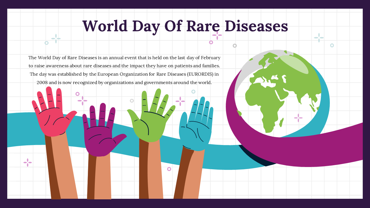 World day of rare diseases illustration featuring raised colorful hands and a globe on a grid background.