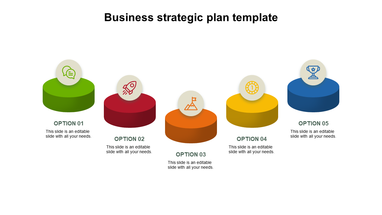 Business strategic plan PowerPoint template with colorful options with icons and placeholder text on a white backdrop.