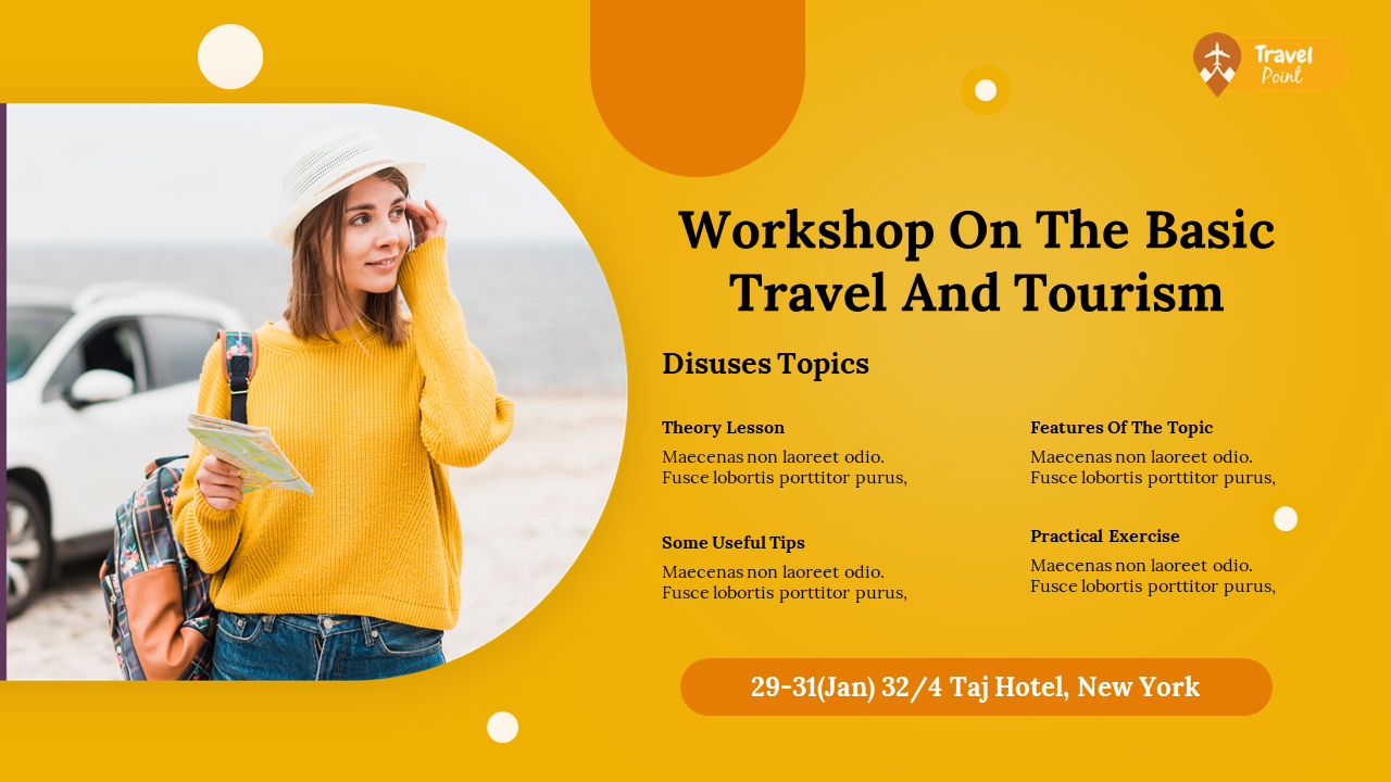 Workshop on travel and tourism poster with a female traveler, listed topics like theory lesson and practical exercise, and event details.