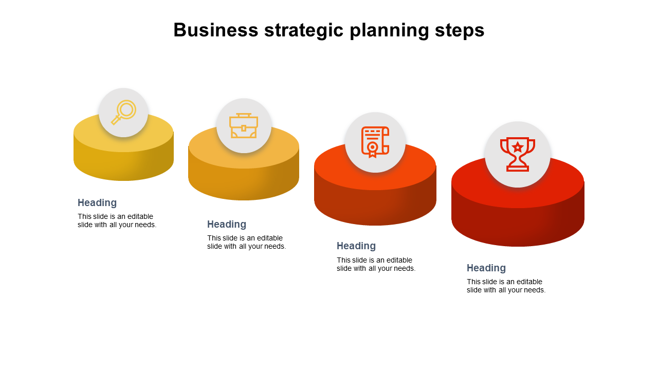 Circular platforms with icons, including icons representing business planning steps with caption areas below.