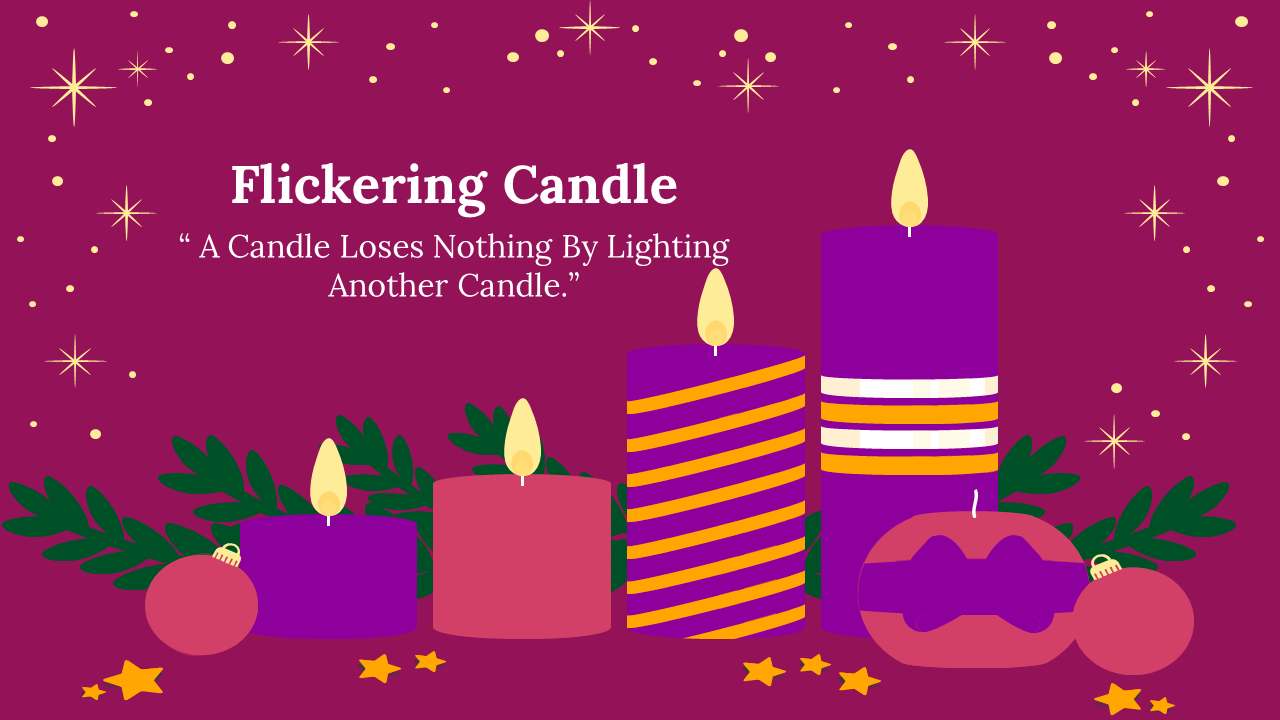 Decorative image of five flickering candles with stars and ornaments, featuring a quote about lighting another candle.