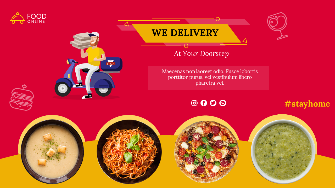 Illustration of a food delivery person with text in the center, and four food dishes below, on a red and yellow background.