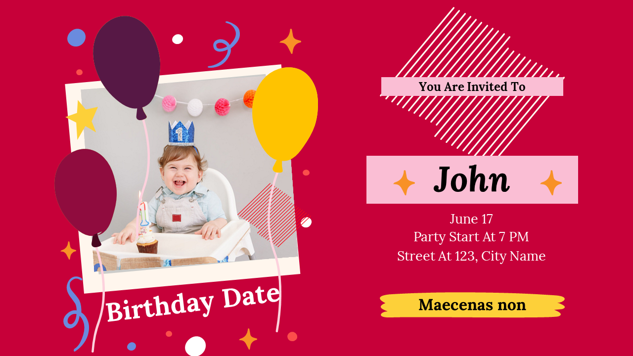 Birthday invitation template with a photo of a smiling child wearing a crown, surrounded by colorful balloons.