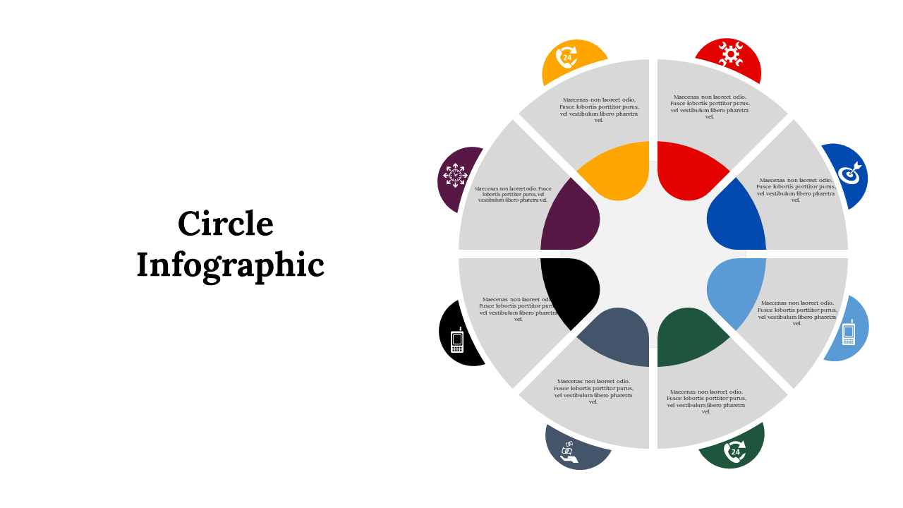 Colorful infographic circular diagram slide featuring sections for different ideas with icons and text explanations.