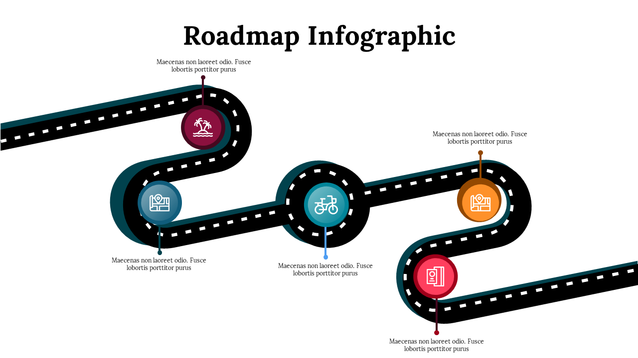 Roadmap infographic slide illustrating a winding path with various milestones, each represented by colored icons and text.