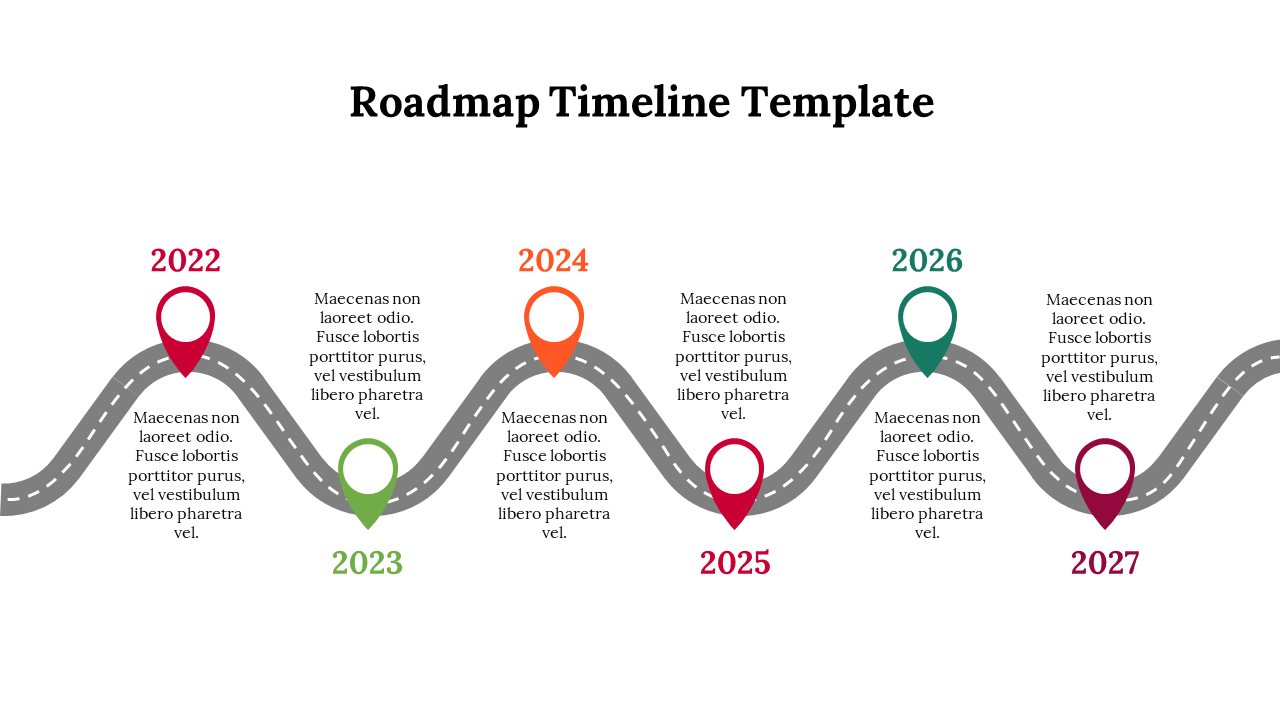 Wavy roadmap timeline slide with colorful markers indicating milestones from 2022 to 2027 with text area.