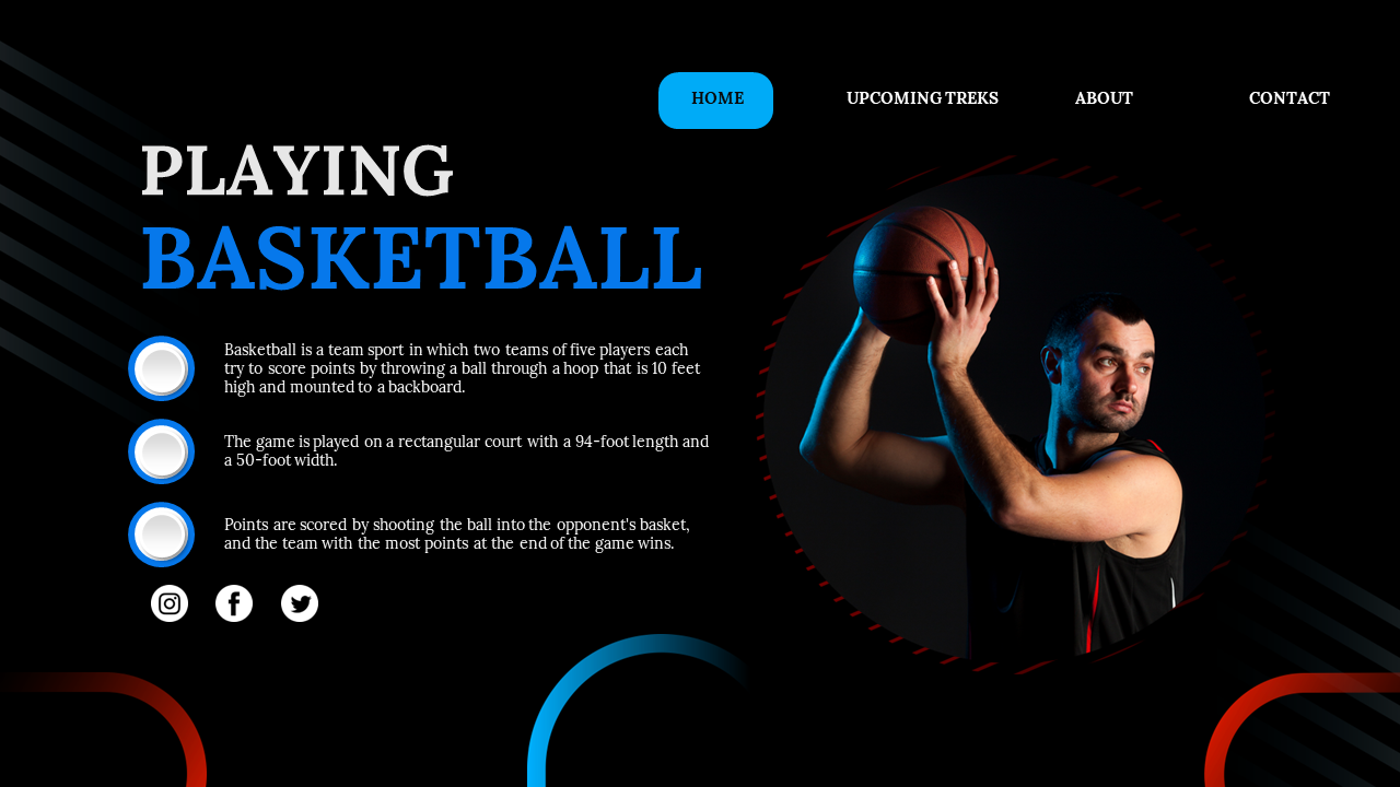 Dark slide with a basketball player, with blue and white text and three circular bullet points on the left.