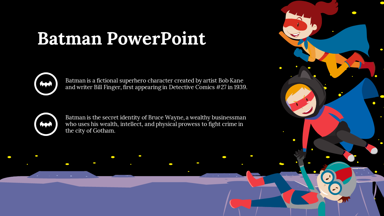 Batman themed slide featuring superhero characters in capes, against a starry night background, with descriptive text.