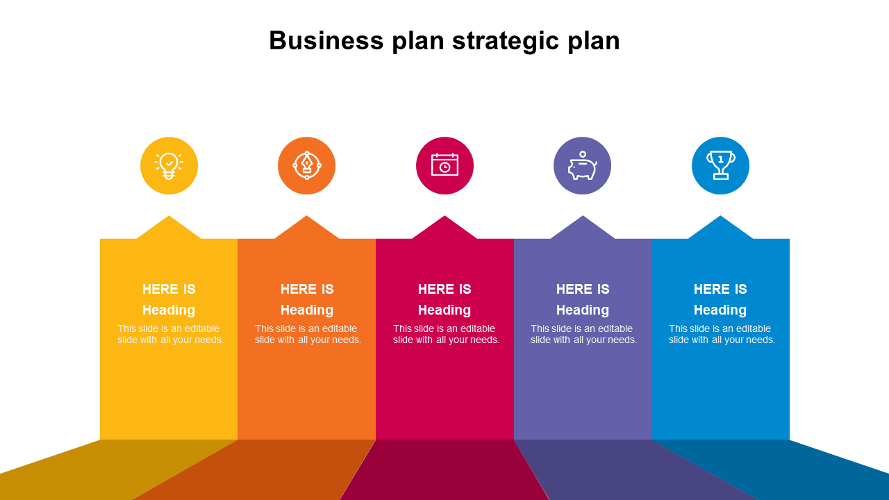 Business plan strategic plan PowerPoint template with colorful blocks and icons with placeholder text on a white backdrop.