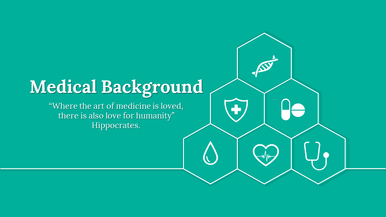 Slide featuring a quote on the left and a cluster of hexagonal medical icons on the right, set against a teal backdrop.