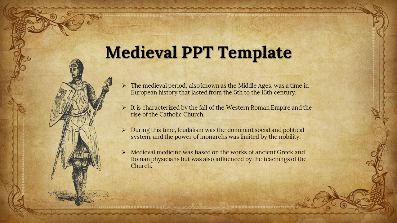 Parchment-style medieval slide with knight illustration and historical bullet points caption area and title text at the top.