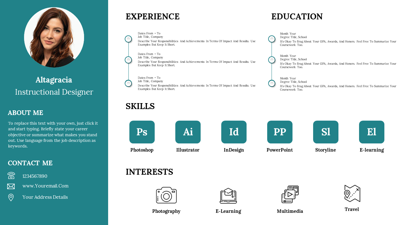 Instructional designer's CV slide featuring a profile picture, contact details, and many sections with icons and text areas.