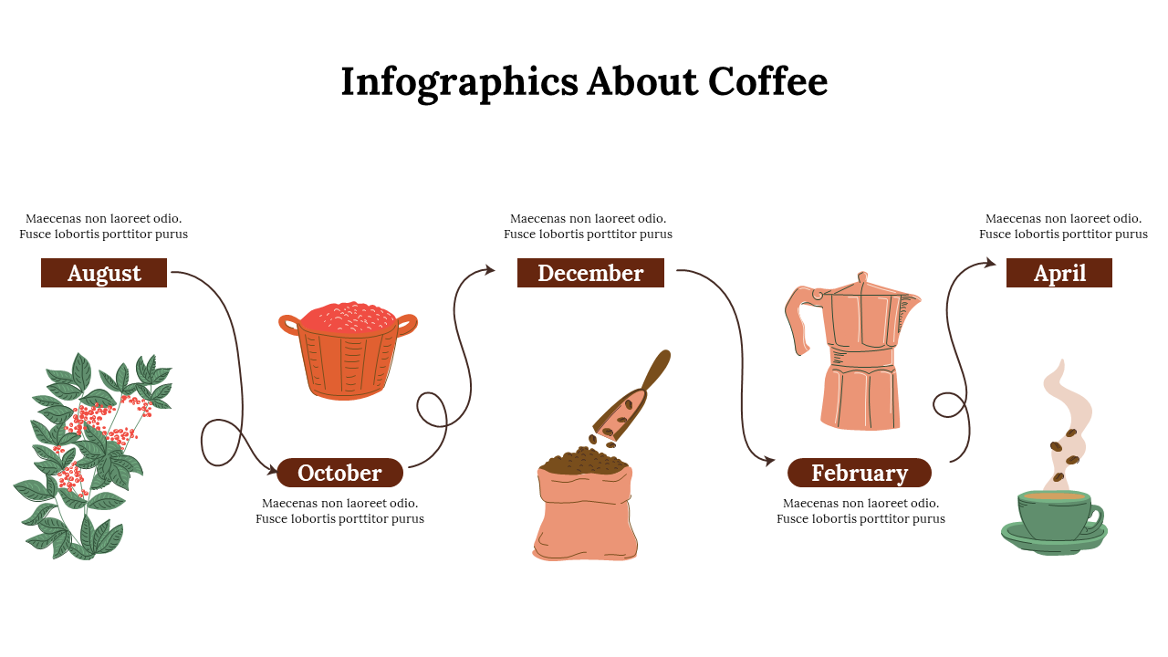 Coffee production timeline showing stages from plant to cup, labeled by months with related illustrations.