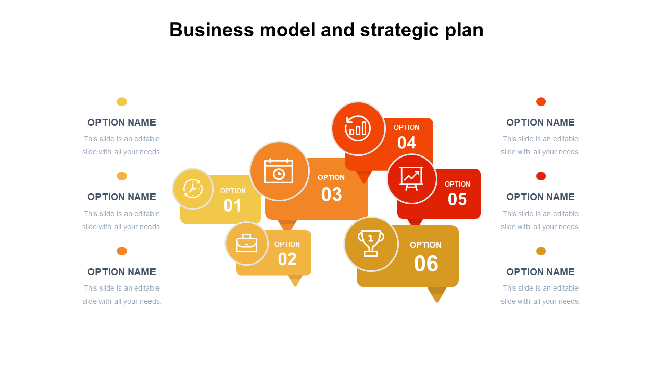 Business model slide with six speech bubble shaped markers in yellow, orange, and red, each containing icons and captions.