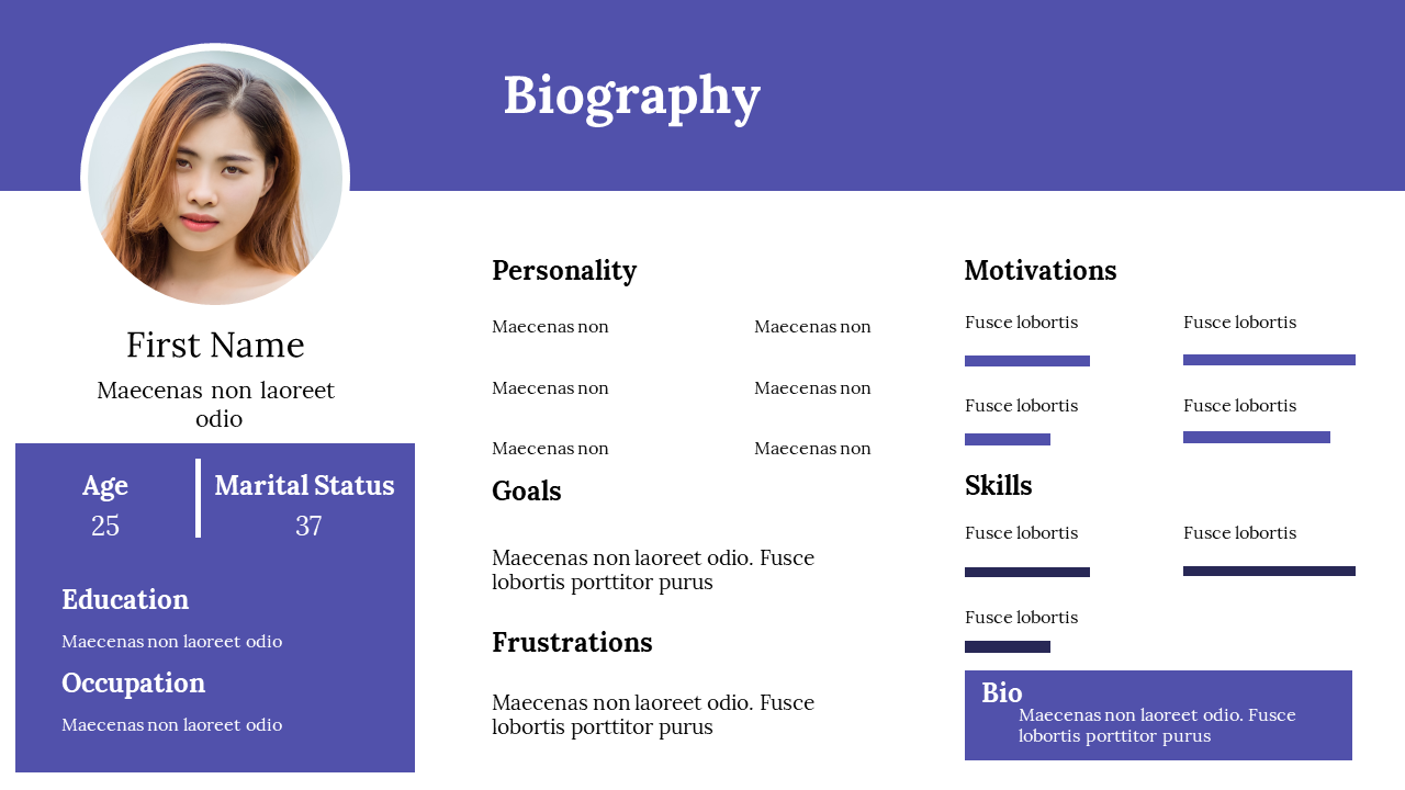 Professional biography slide with a profile photo and many sections for personal details and text captions.