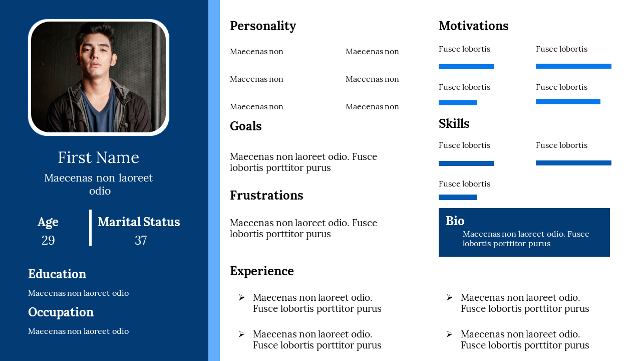 Personal biography slide featuring a photo, age, marital status, education, occupation, and many sections with text area.