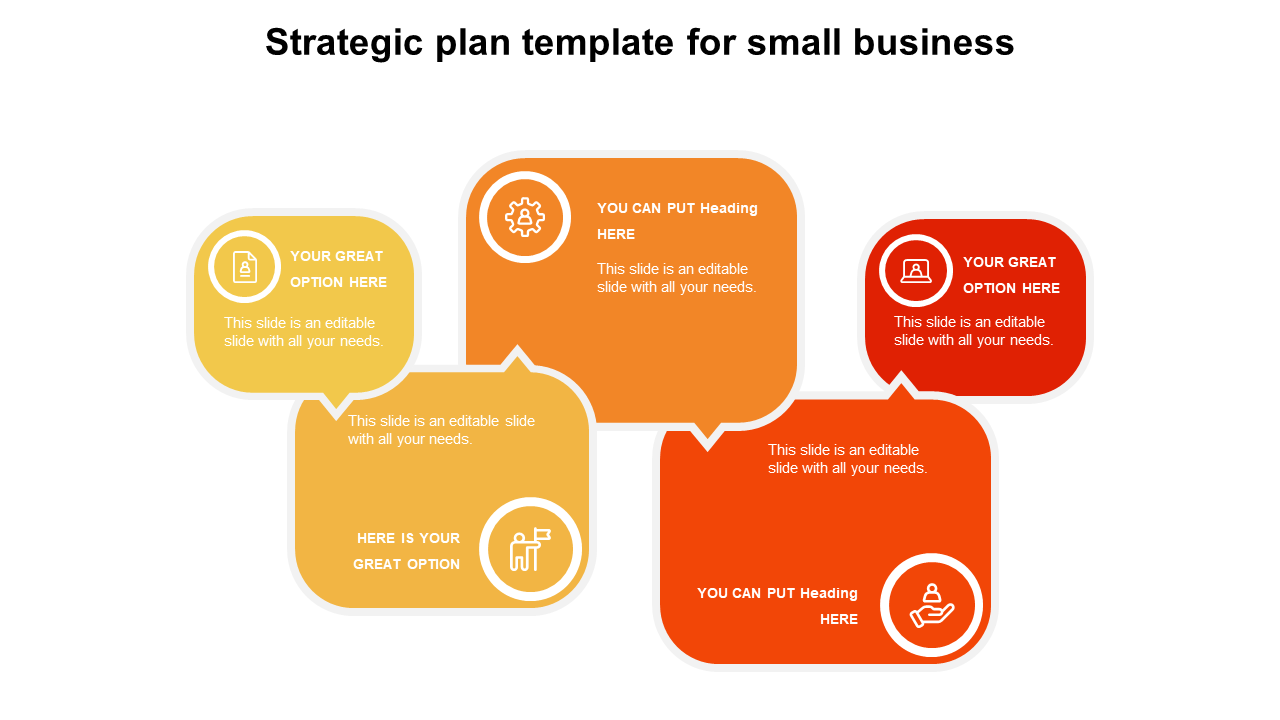 Strategic plan PPT template for small business with colorful speech bubbles and icons for various sections.