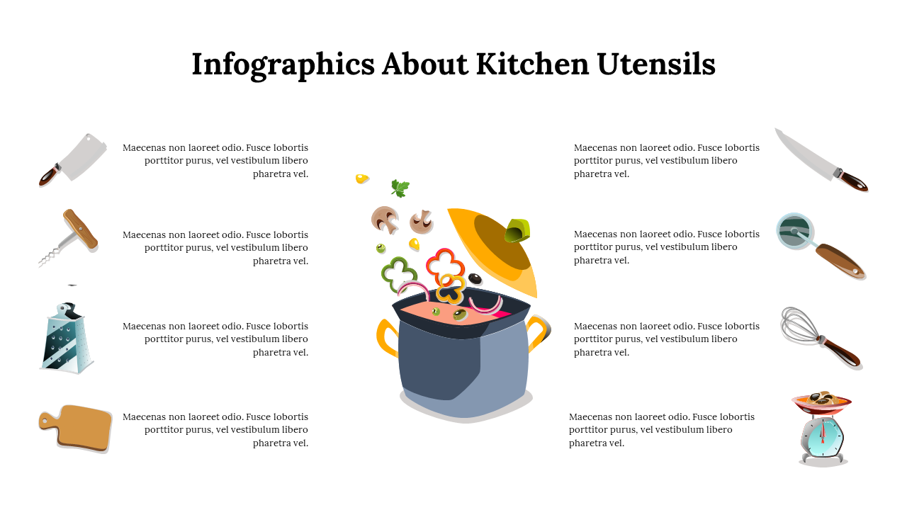 Kitchen utensils infographic with illustrations of various tools and a central pot with floating vegetables and a lid.