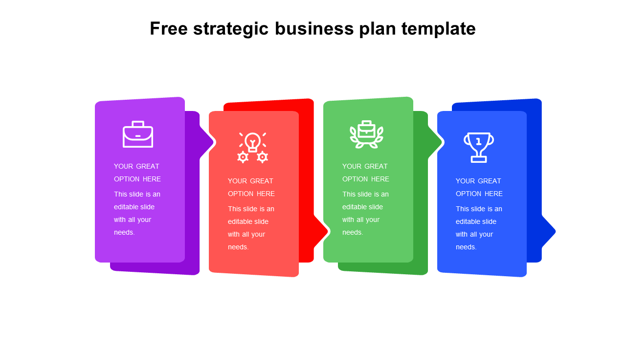 Four colorful blocks with business icons in purple, red, green, and blue, each with a placeholder text areas.