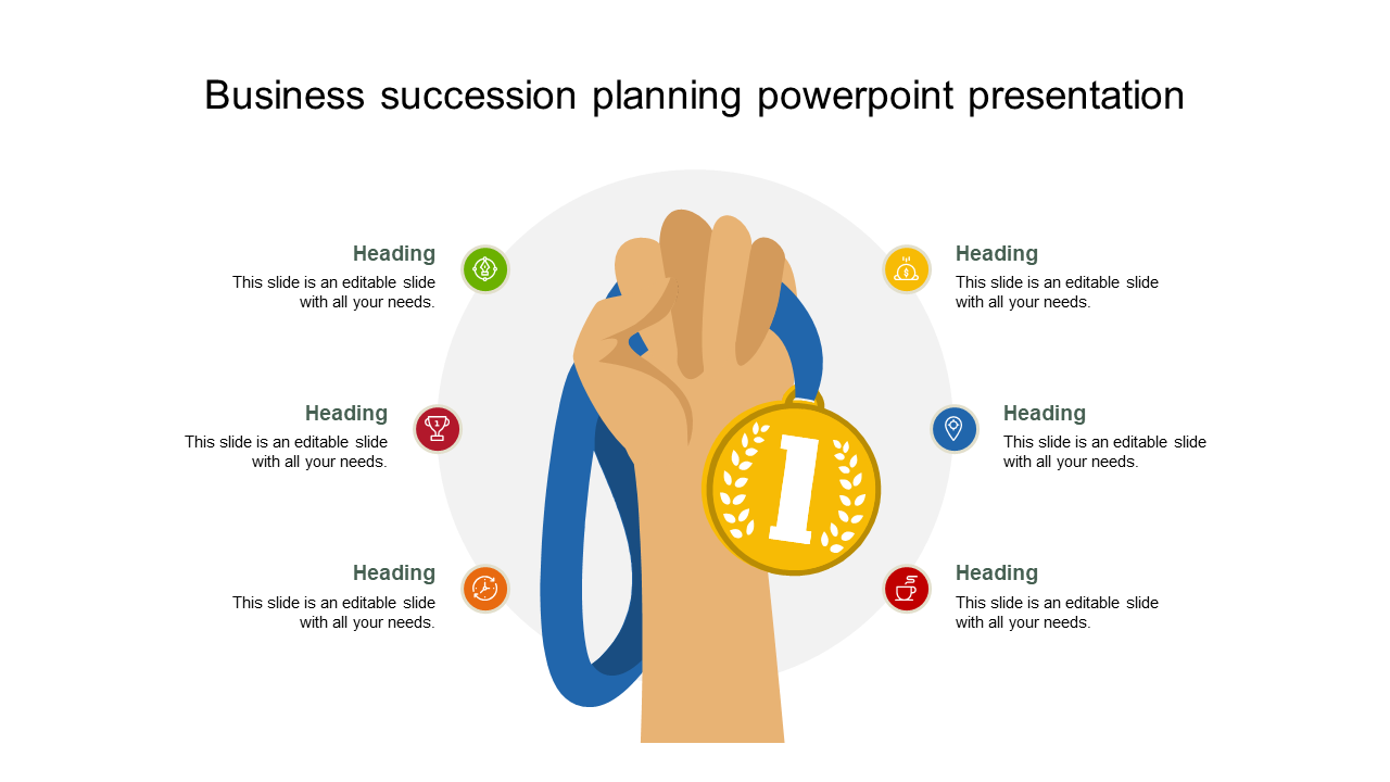 Business succession planning slide showing a hand holding a gold medal, surrounded by key points.