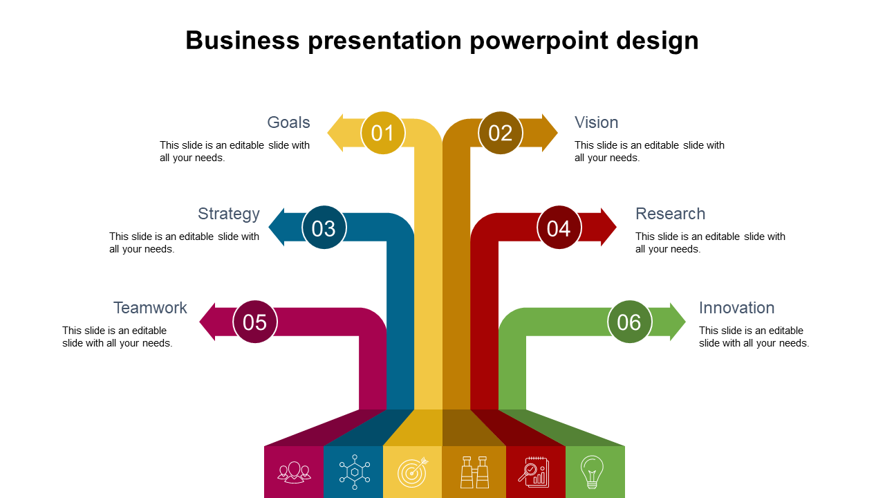 Business PowerPoint presentation slide design with colorful arrows pointing to different sections with icons.