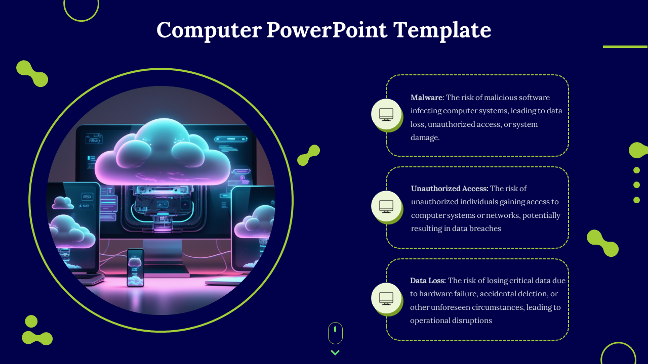 Modern computer slide with neon cloud visuals on devices and three outlined risks, set against a dark blue background.