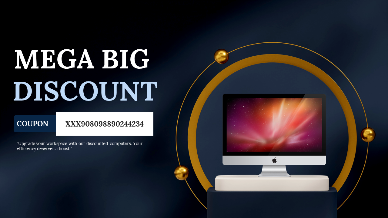 Mega Big Discount advertisement featuring a computer with a coupon code and a promotional message for discounted workspaces.