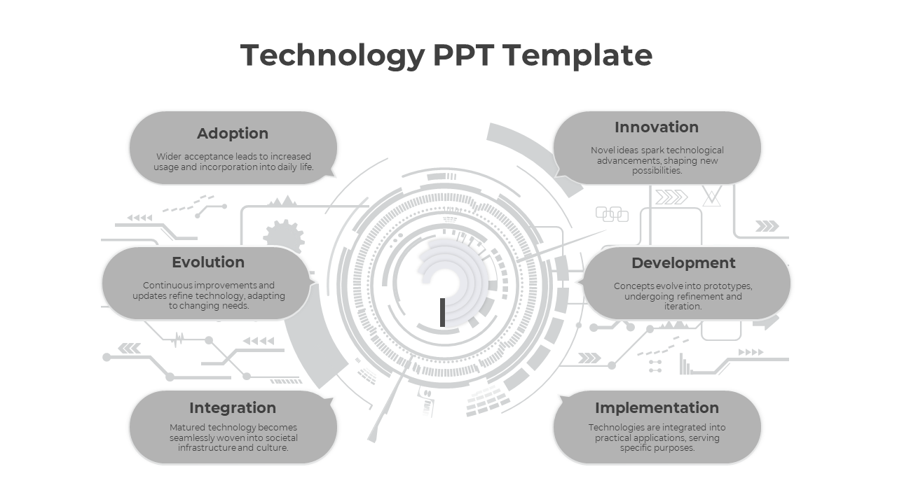 Gray-themed technology template showing six stages in a circular layout around a futuristic design, with descriptive text.