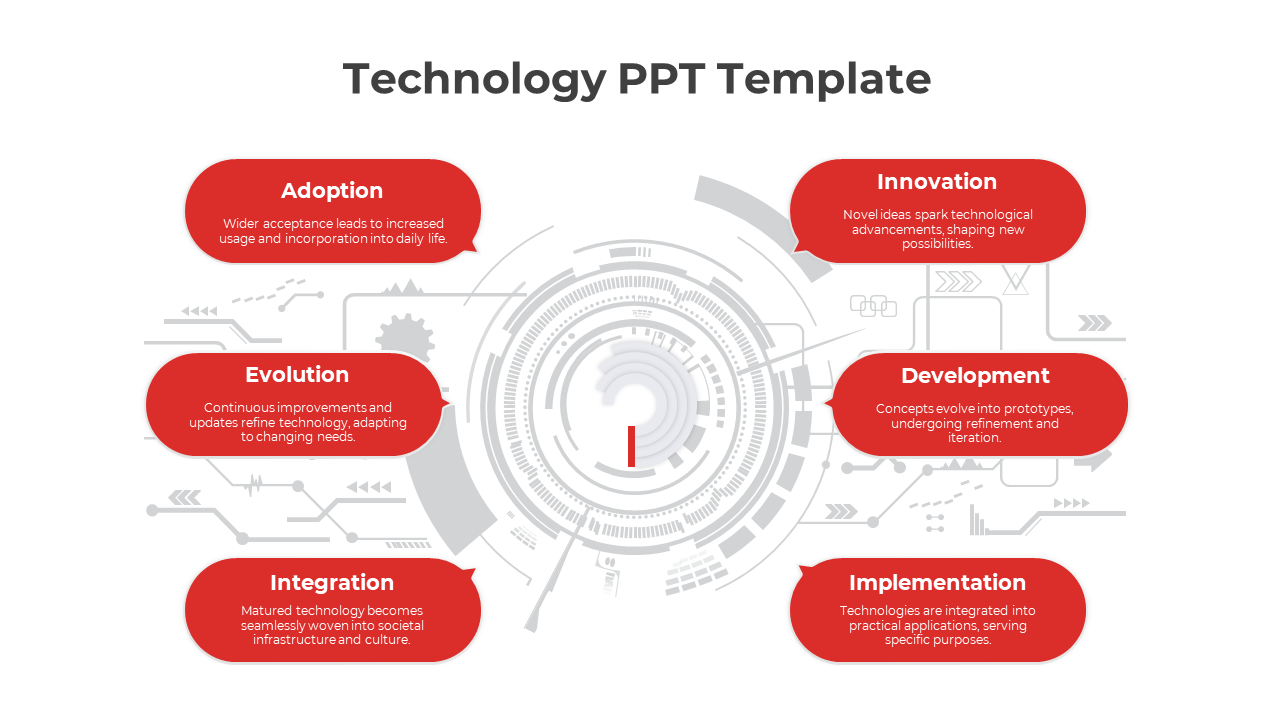 Tech-inspired gray circle at the center, with six red text boxes placed in a surrounding arc.