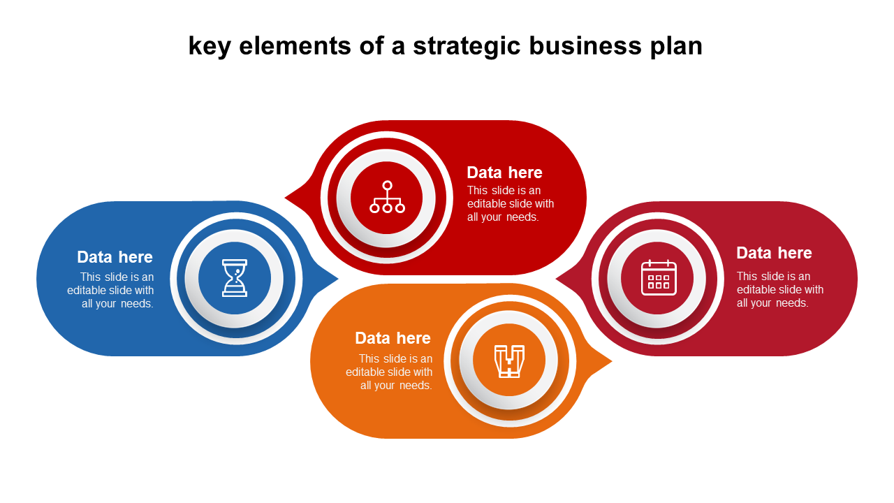 Infographic PPT slide showing key elements of a strategic business plan with color coded icons and placeholder text.