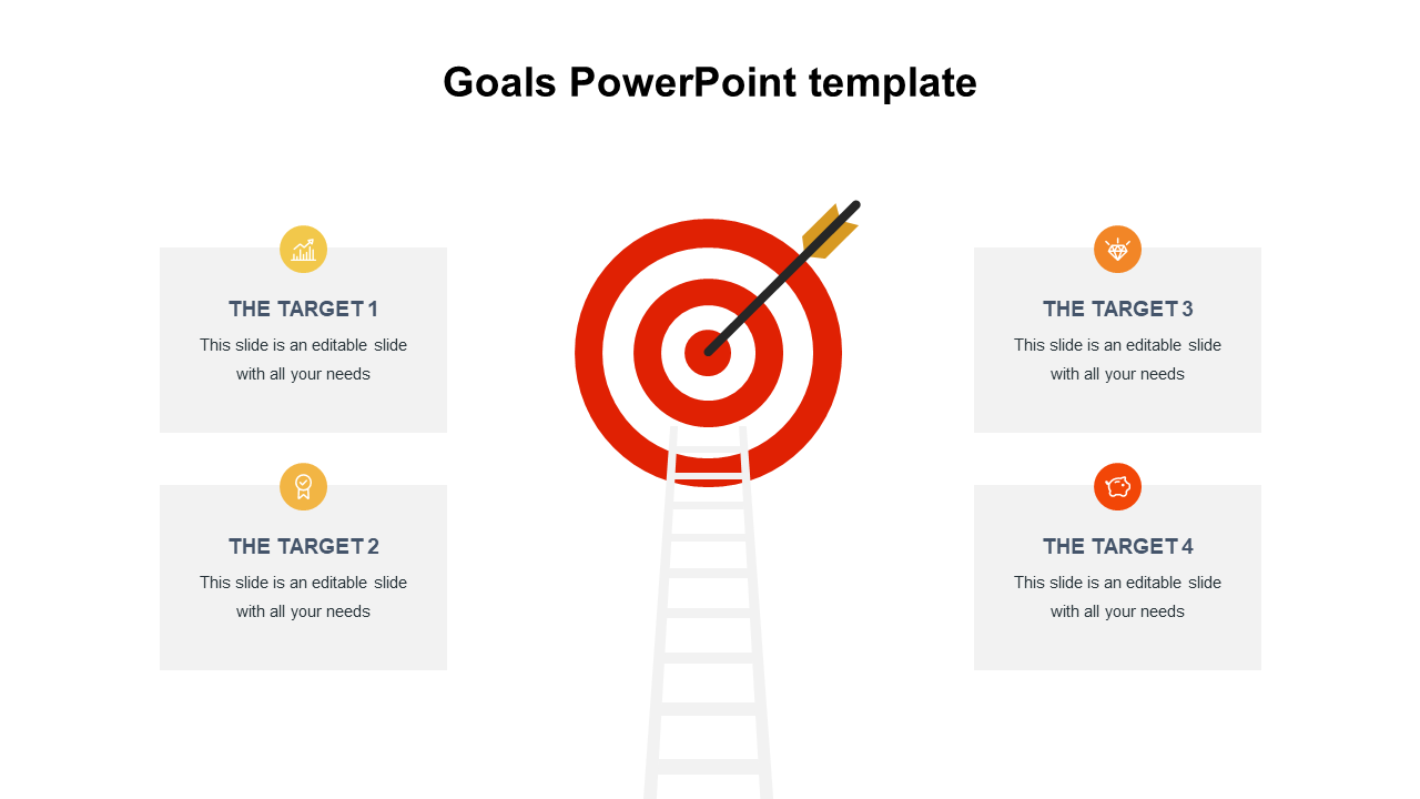 Goals PPT template with a target and arrows, featuring four target sections for your content with icons.