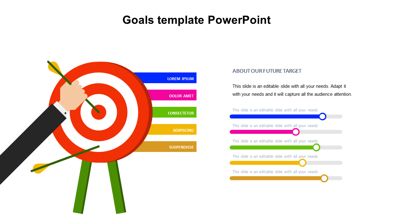 Goals slide featuring a target with arrows and color coded goal sections, alongside text for future objectives.