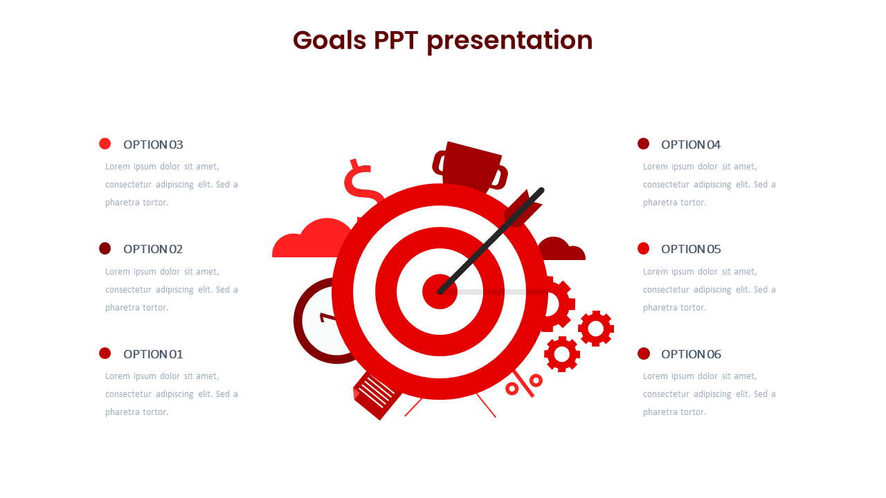 Goals PowerPoint template featuring a red target with icons for goal setting, with six options below on a white theme.