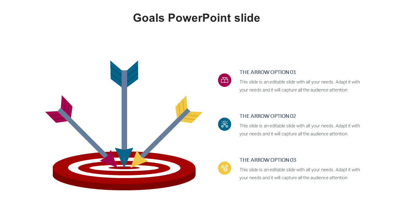 Goals slide featuring a bullseye target with blue, red, and yellow arrows hitting the mark, with captions on the right.