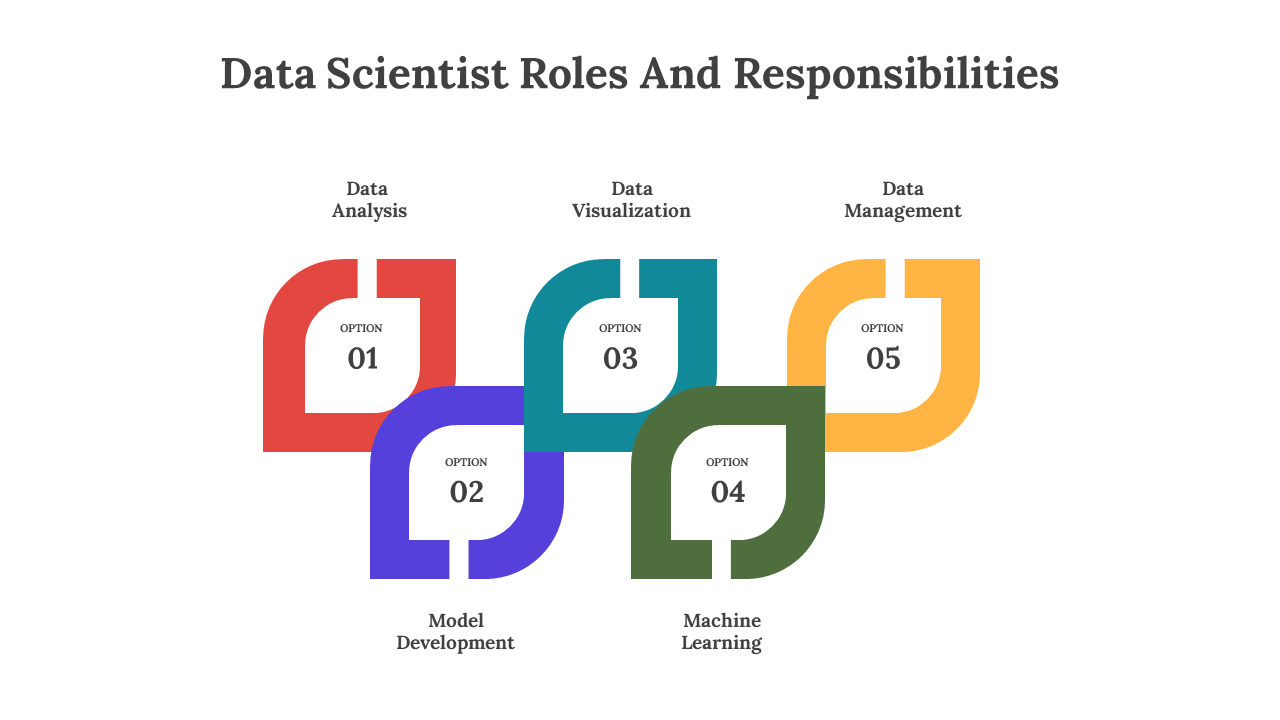 Infographic showcasing numbered five key roles of data scientists roles and responsibilities from analysis up to management.