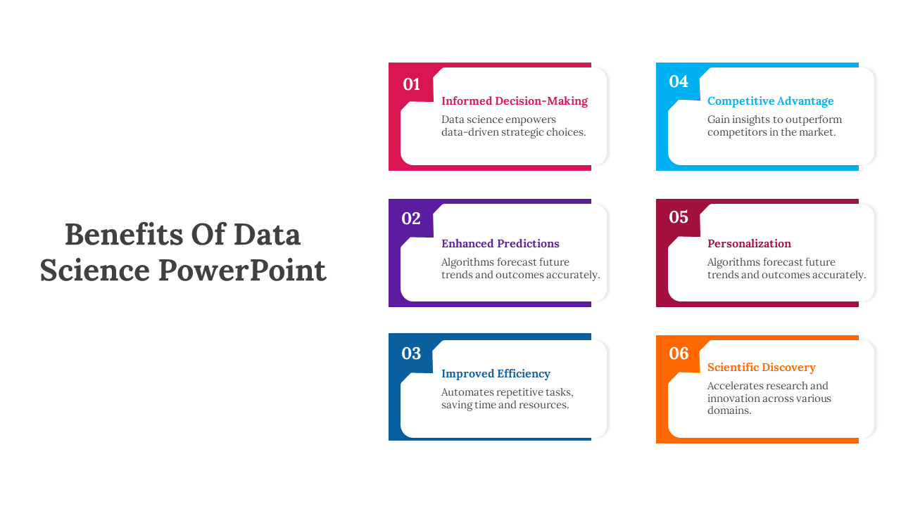 Slide with six rectangular shapes in pink, purple, blue, teal, red, and orange, each highlighting advantage of data science.