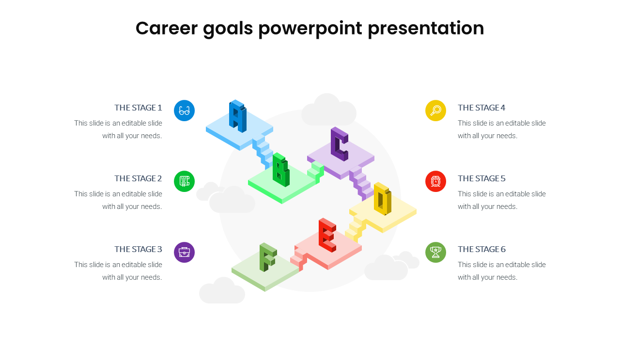 Career goals slide showcasing six colored stages with text areas and corresponding icons.