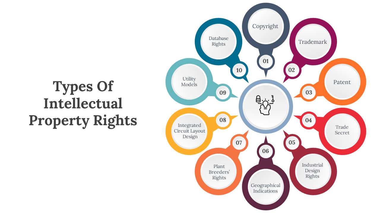 Circular diagram listing ten types of intellectual property rights with colorful icons and a text area.