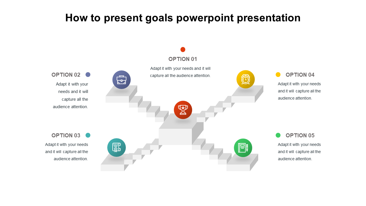 Slide illustrating various options for presenting goals, featuring five numbered sections with icons and placeholder text.