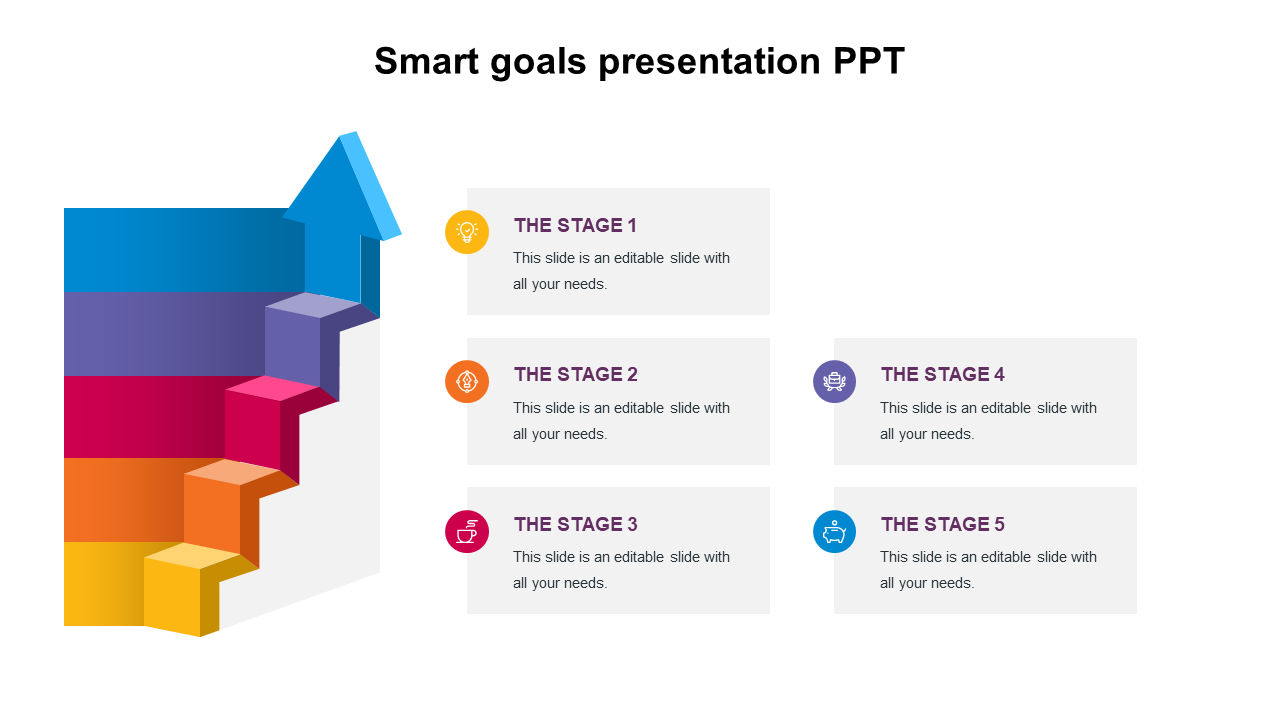 Smart goals slide with a  3D staircase and five stages listed each stage labeled with icons and placeholder text areas.