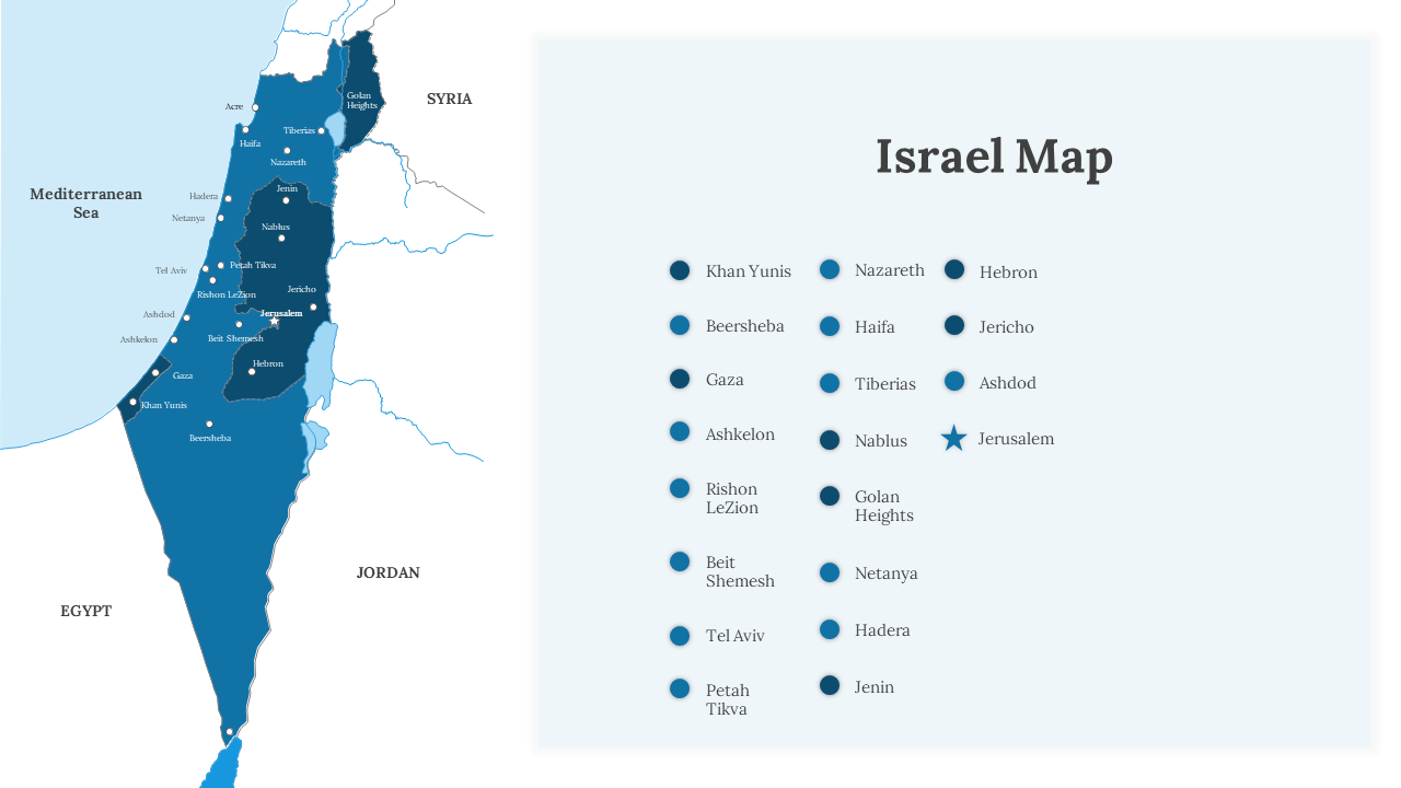 Map of Israel in blue shades on the left, with a list of major cities and locations in dark dots on the right.