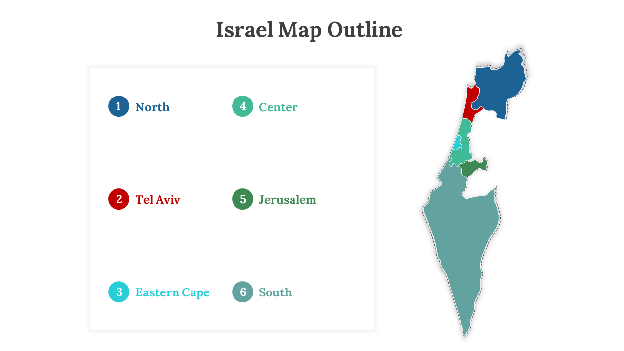 Map of Israel with regions in blue, red, green, and teal, labeled with corresponding numbers in a white box.