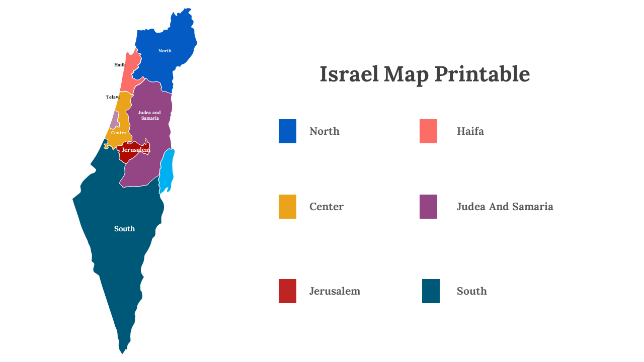 Colorful map of Israel with marking regions, along with six color key for reference.