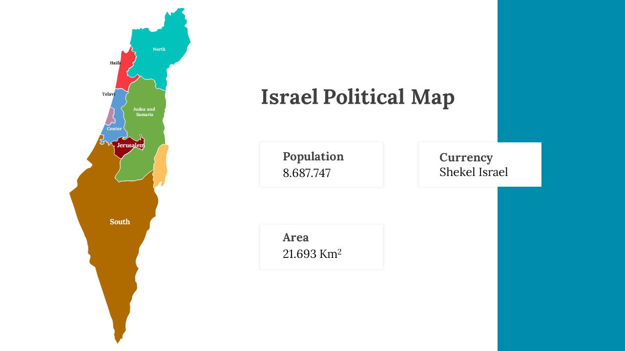 Color coded political map of Israel with population, currency, and area information, with blue side bar on right.