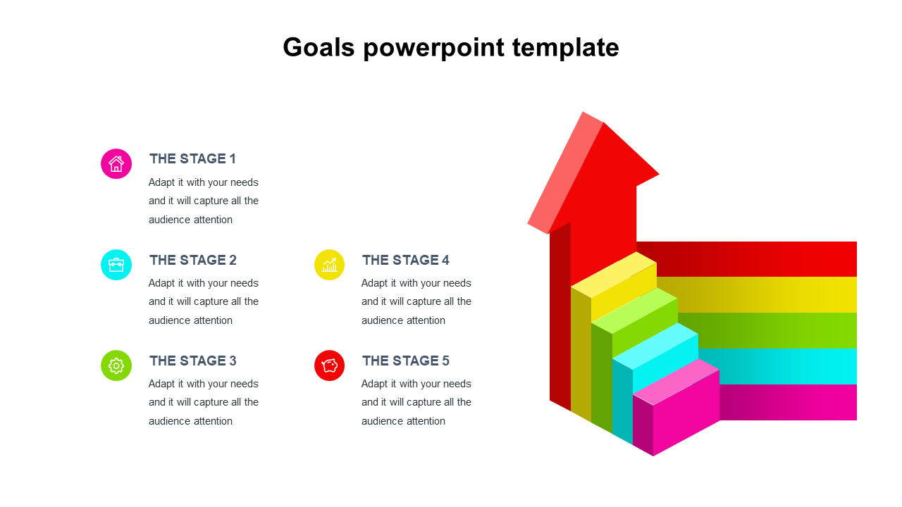 PowerPoint template illustrating a colorful goal progress chart with five stages and placeholder text with icons.