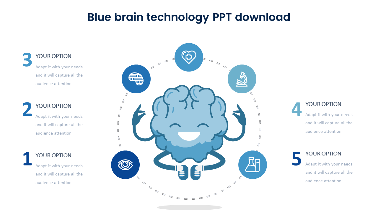 Blue brain technology PPT slide featuring a smiling cartoon brain surrounded by five blue circular icons with placeholders.